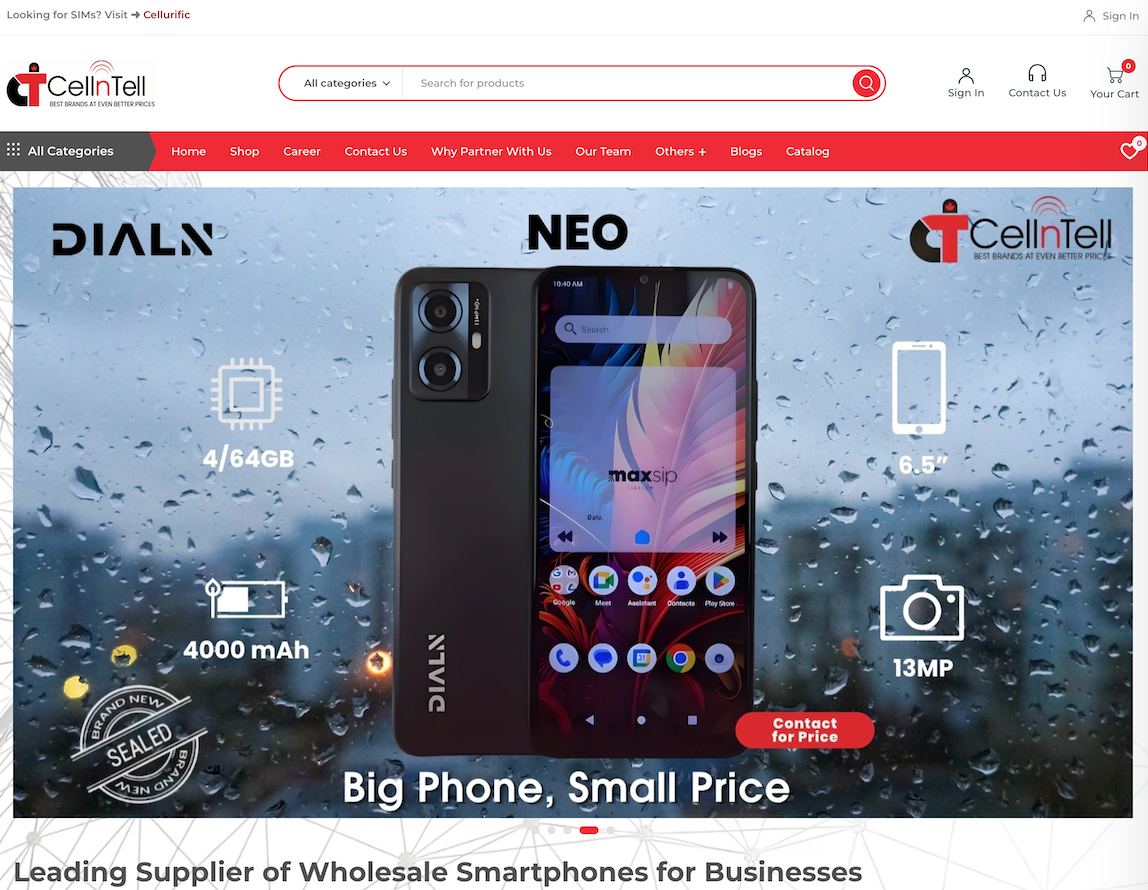 CellTell smartphone ad for DIALN NEO, showing a waterdrop-screen phone with key specs and “Big Phone, Small Price” text