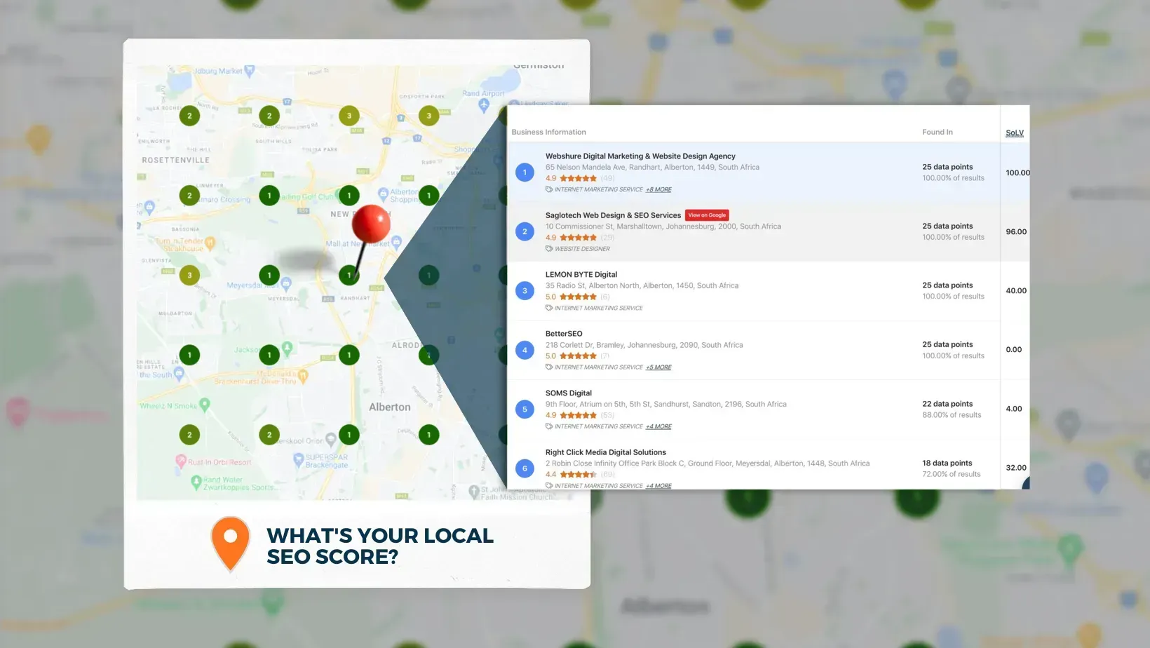 Map with green location pins and a search results panel for nearby local SEO services