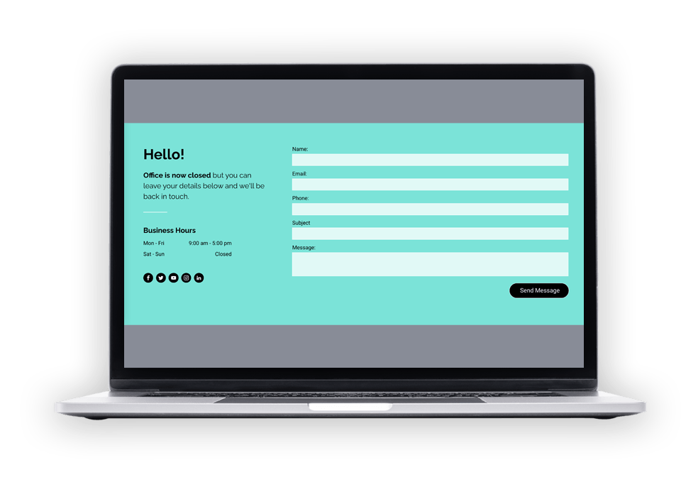 Laptop displaying a turquoise contact form on a dark screen