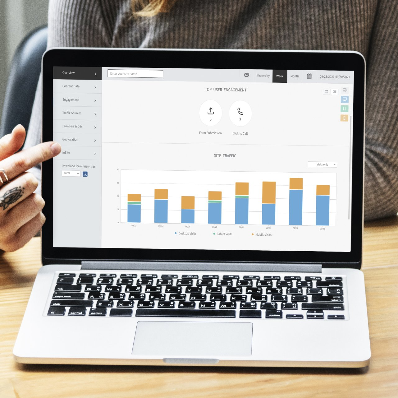Laptop displaying a dashboard with bar charts, beside a hand pointing at the screenp