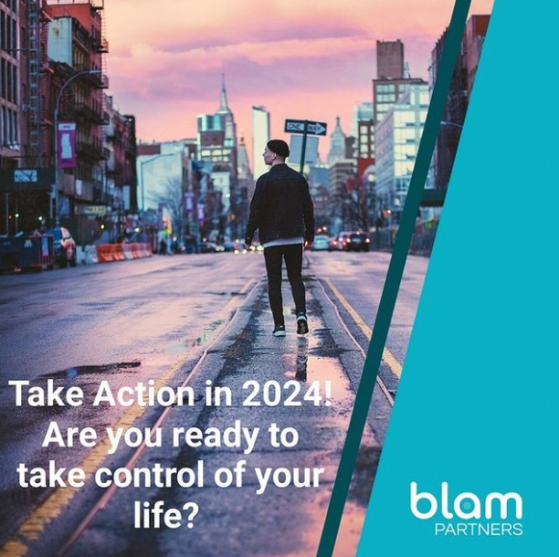 Person walking down a city street at sunset with text: “Take Action in 2024! Are you ready to take control of your life?”