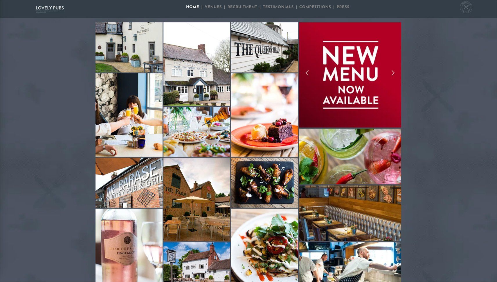 Collage of food and travel photos with red banner reading “NEW MENU NOW AVAILABLE”