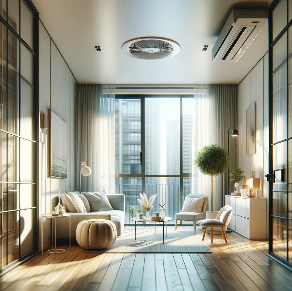 Modern sunlit living room with beige sofa, chairs, large windows, and indoor plants