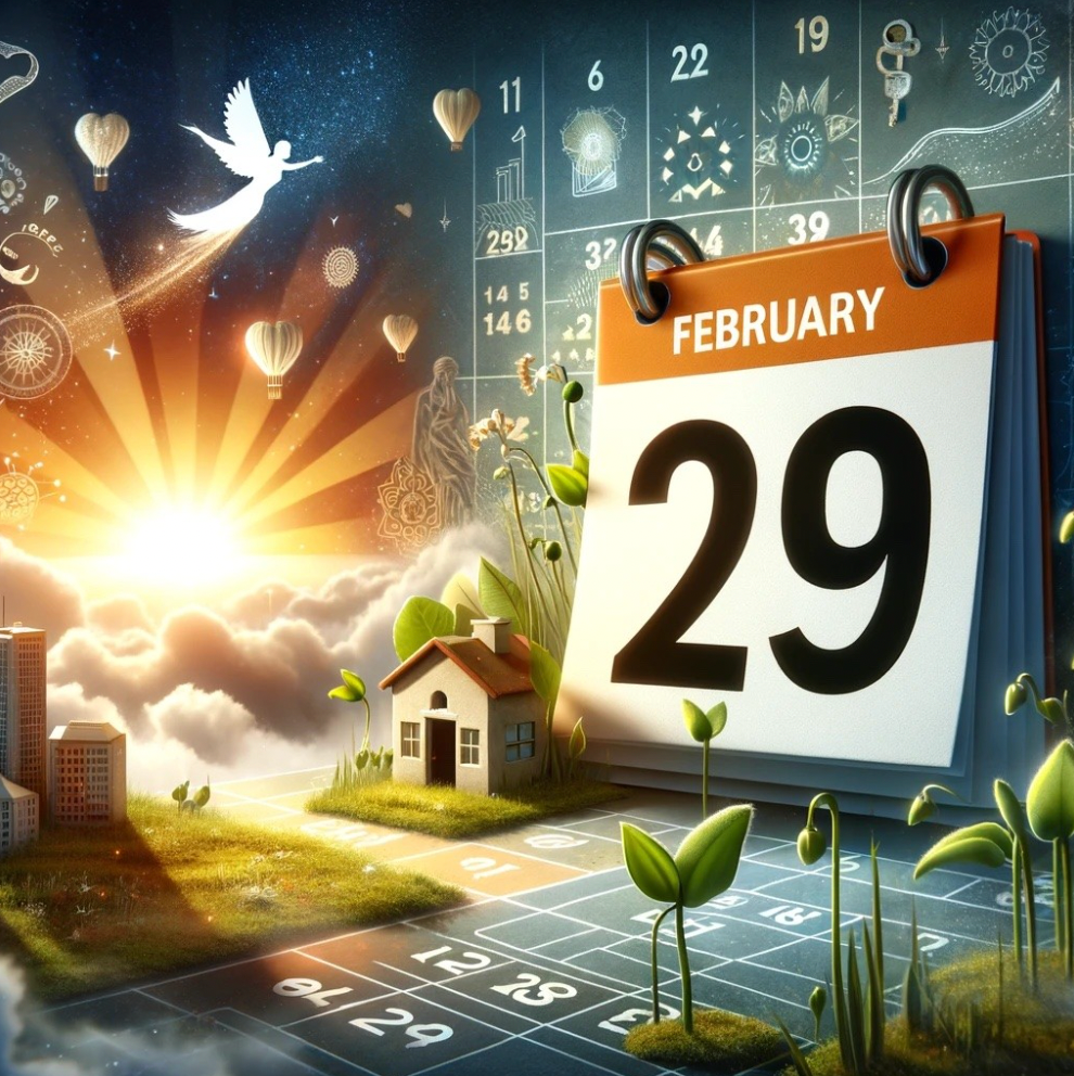Calendar page showing February 29 with sunrise, house, and growing plants in a digital landscape