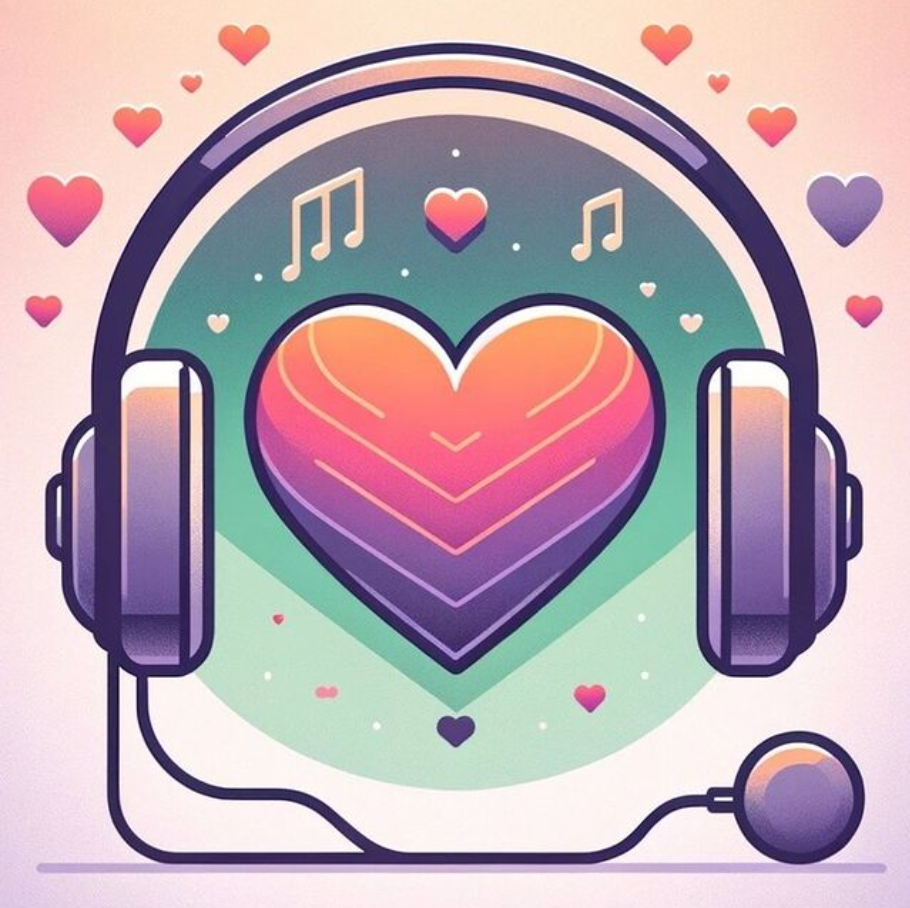 Colorful heart wearing headphones with music notes and small floating hearts on a pastel background
