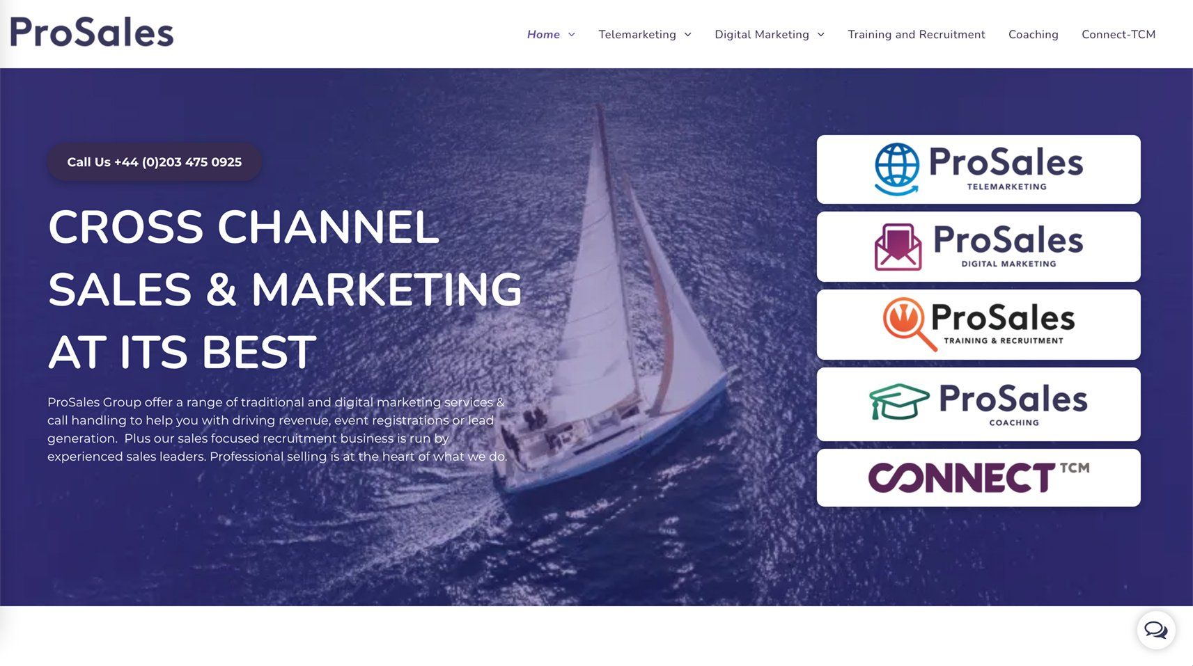 ProSales homepage banner with sailboat and text “Cross Channel Sales & Marketing at its Best”