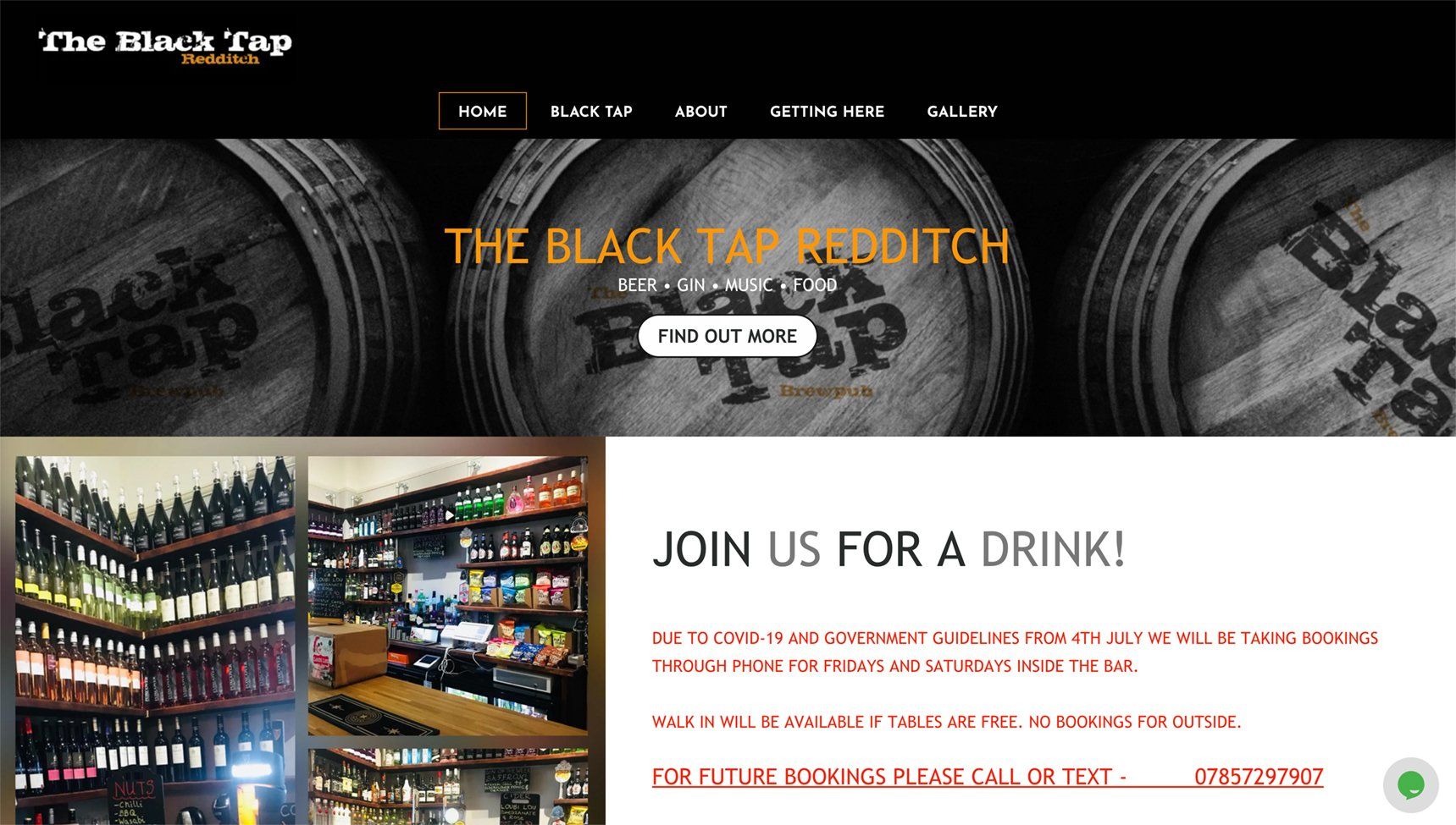 The Black Tap bar website homepage with beer mugs, drink specials, and a join-us-for-a-drink section
