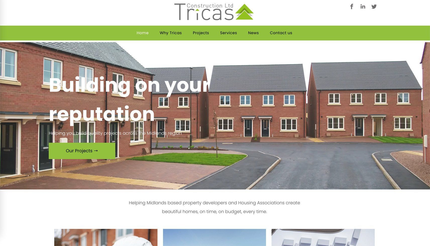 Website homepage with green header, brick school buildings, and the slogan “Building on your reputation”