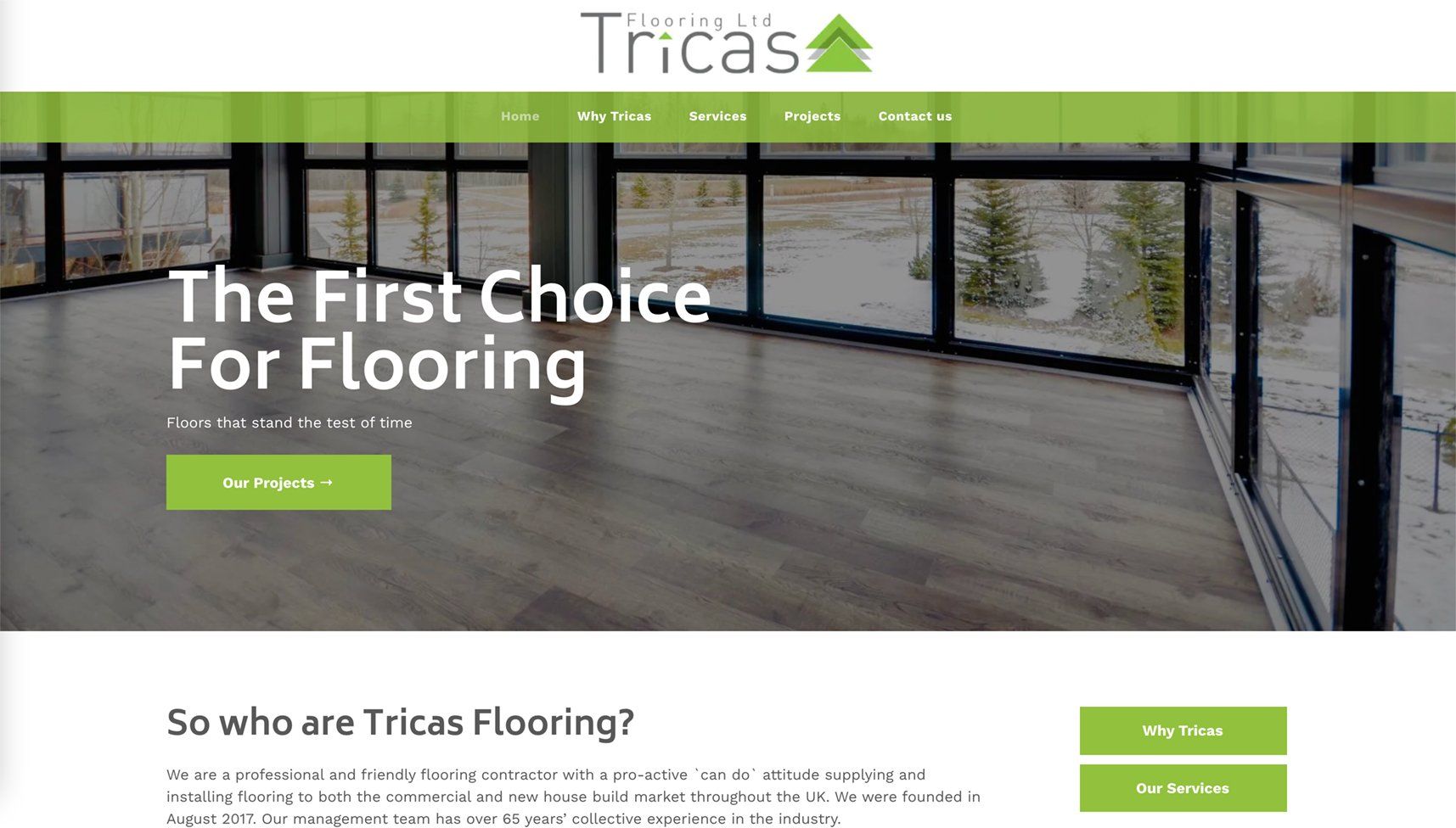 Tricas Flooring website homepage with hero banner and text “The First Choice for Flooring”