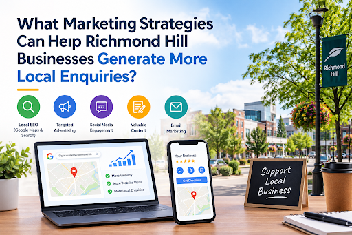 Marketing strategies graphic for Richmond Hill businesses, with laptop, phone, and local storefront scene