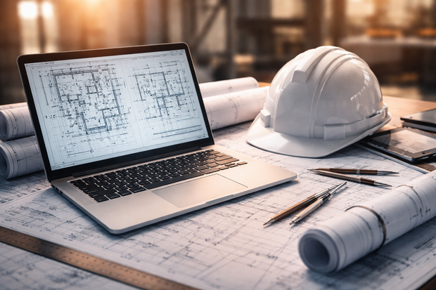 Laptop and white hard hat on architectural blueprints with drafting tools on a work desk