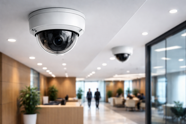 Office lobby with ceiling-mounted security cameras and a few people in the background.