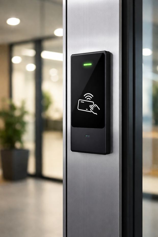 Black access control reader with green light on a brushed metal door frame in an office hallway