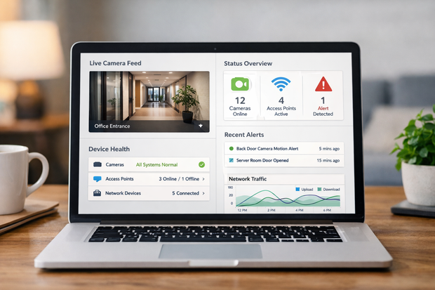 Laptop displaying a smart home dashboard on a wooden desk, with coffee mug and potted plant