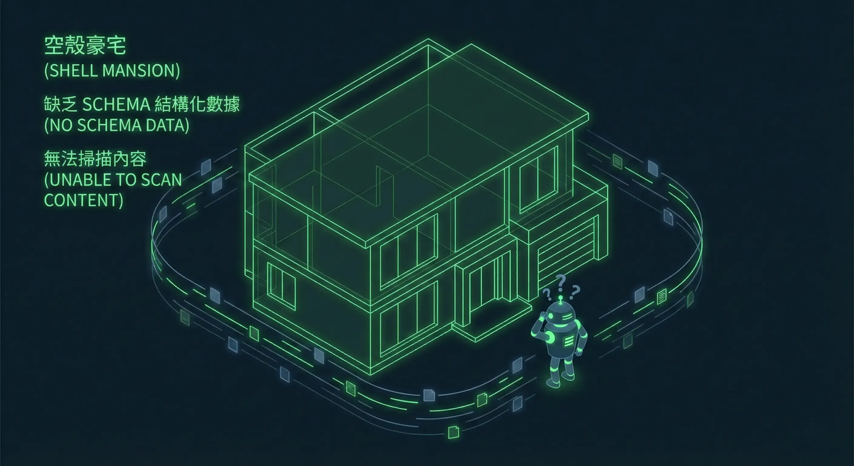 數位插圖顯示一座透明的空殼豪宅網站，Google Bot 無法掃描內容