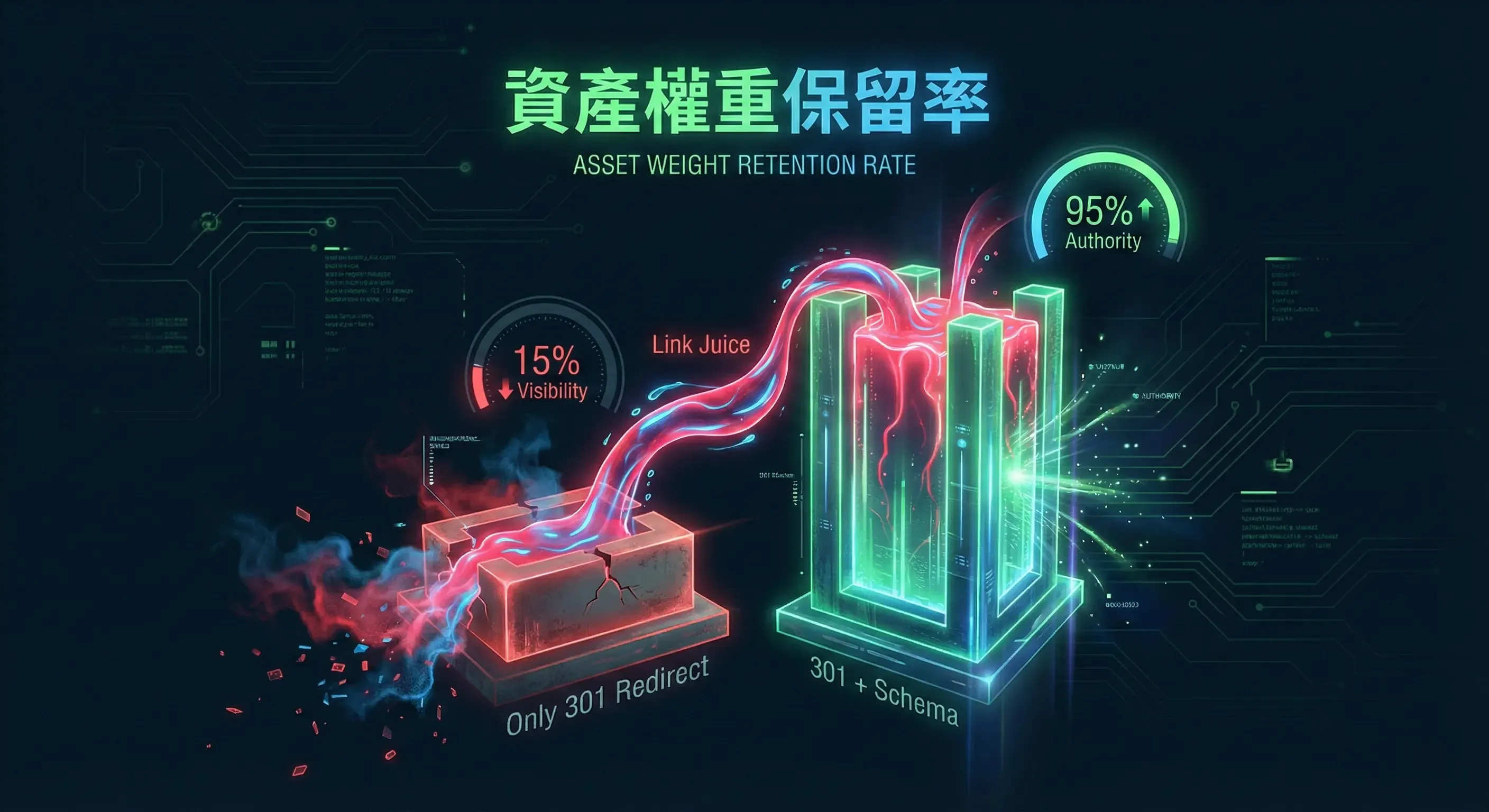 柱狀圖比較傳統 SEO 與 AI Schema 架構的權重保留率