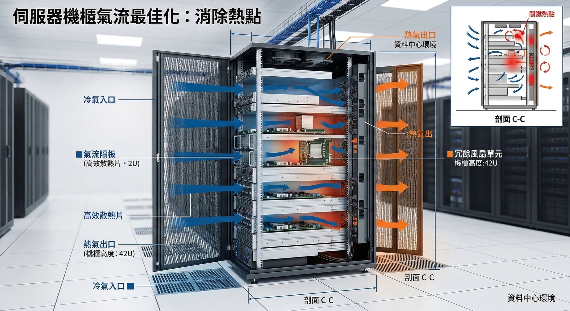機櫃冷熱通道氣流優化模擬圖