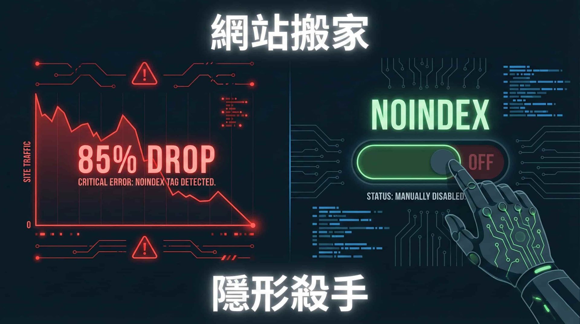 流量圖表暴跌 85% 的紅色警示，對比 WordPress 的阻擋搜尋引擎 Noindex 開關