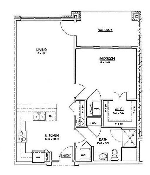 1 bed, 1 bath  Apartment floor plan with living room, kitchen, bedroom, bath, WC, and balcony.