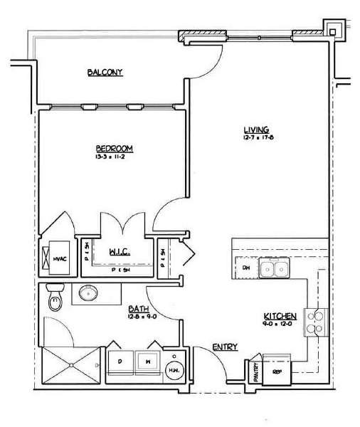 Black-and-white apartment floor plan with living room, kitchen, bedroom, bath, entry, and balcony.