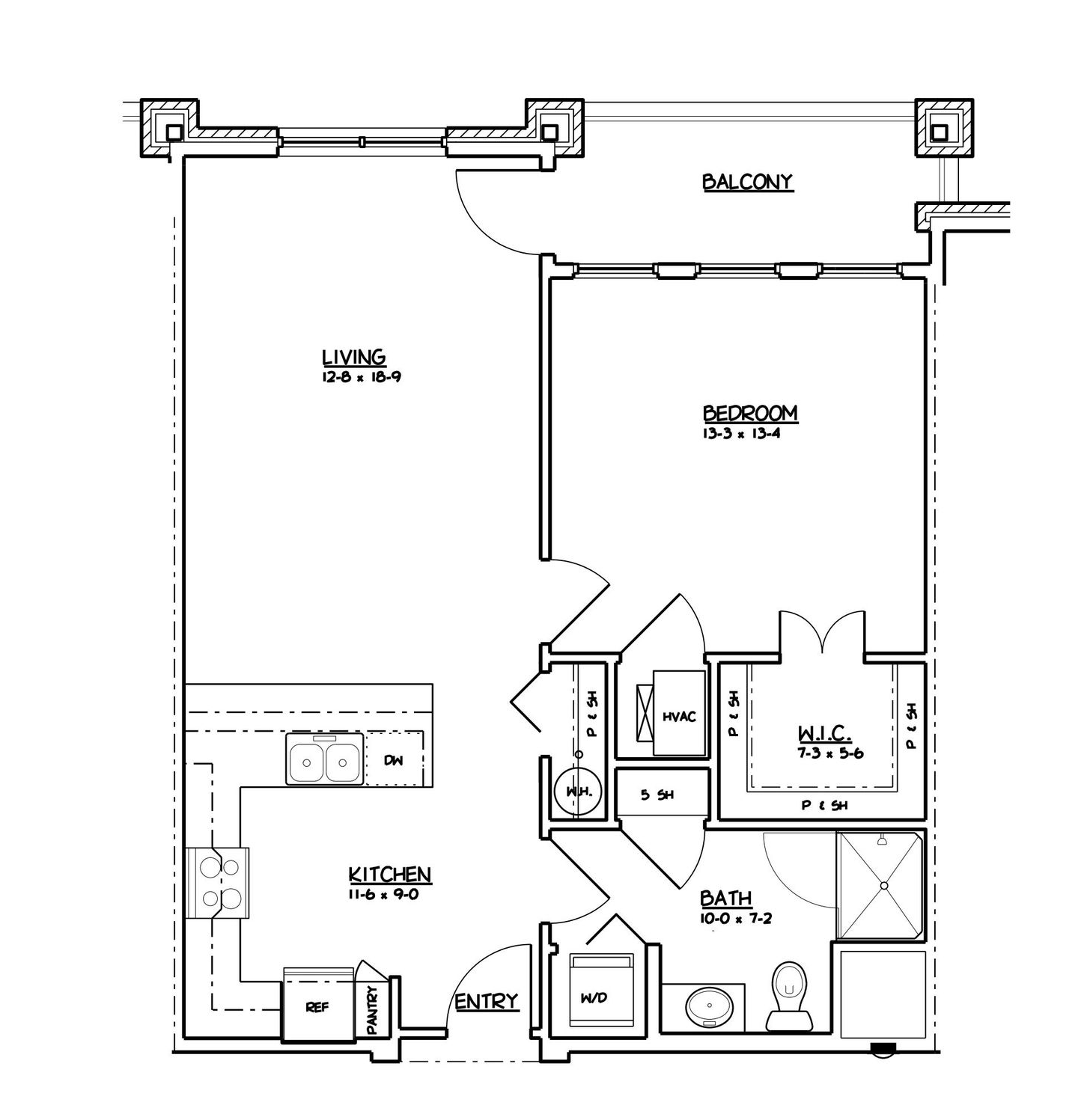 1 bed, 1 bath  Black-and-white apartment floor plan with living room, kitchen, bedrooms, bath, entry, and balcony.