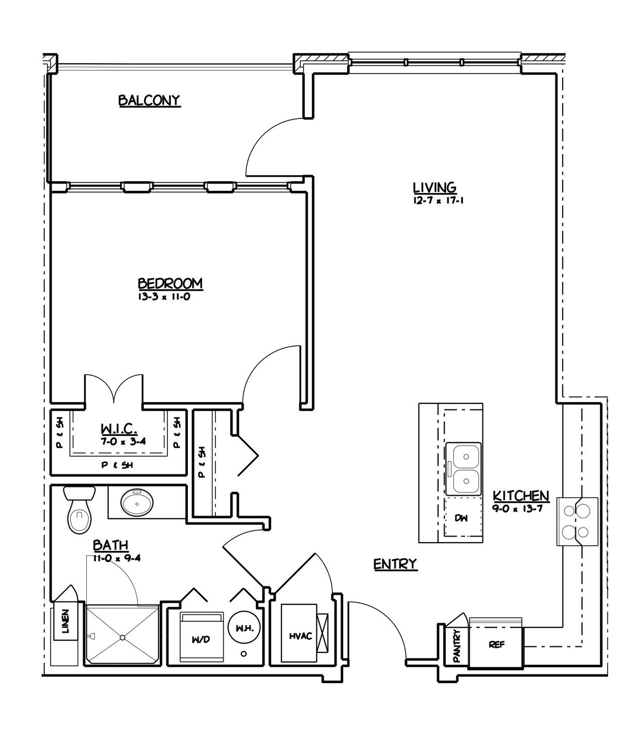 1 bed, 1 bath  Black-and-white apartment floor plan with balcony, bedroom, bath, hall, kitchen, and living area