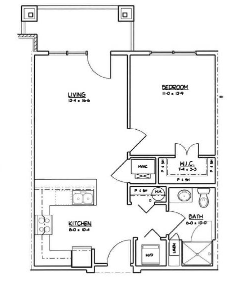 1 bed, 1 bath  Black-and-white apartment floor plan with living room, kitchen, bedroom, bath, and closet labels.