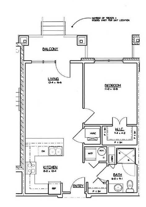 1 bed, 1 bath  Floor plan of a small apartment with balcony, kitchen, bathroom, bedroom, and living area.