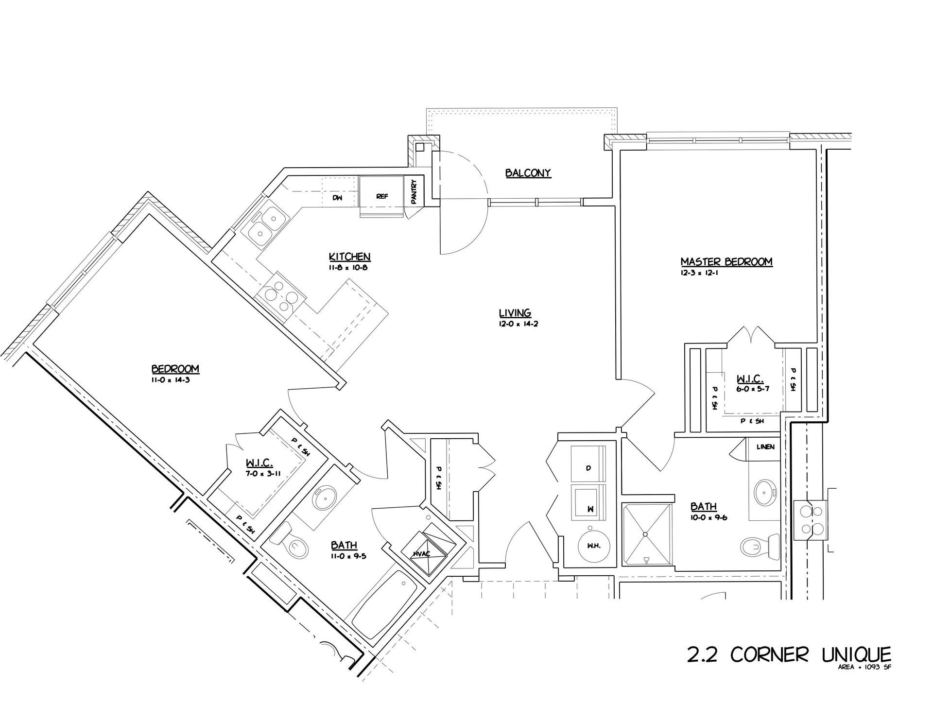 2 bed, 2 bath Black-and-white architectural floor plan with labeled rooms and measurements.