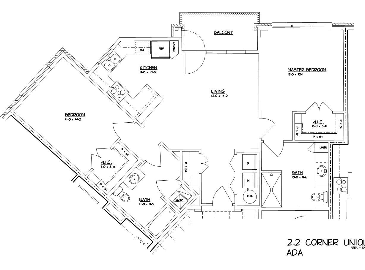 2 bed, 2 bath Black-and-white floor plan of a 2-bedroom home with labeled rooms and doors.