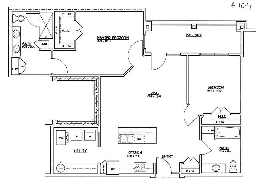 2 bed, 2 bath Apartment floor plan with kitchen, living room, bedrooms, bathrooms, and utility areas