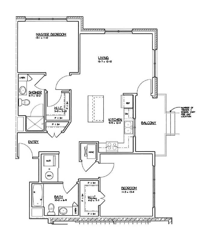 2 bed, 2 bath Black-and-white house floor plan with labeled rooms, including living room, kitchen, bedrooms, bathrooms, and balcony.