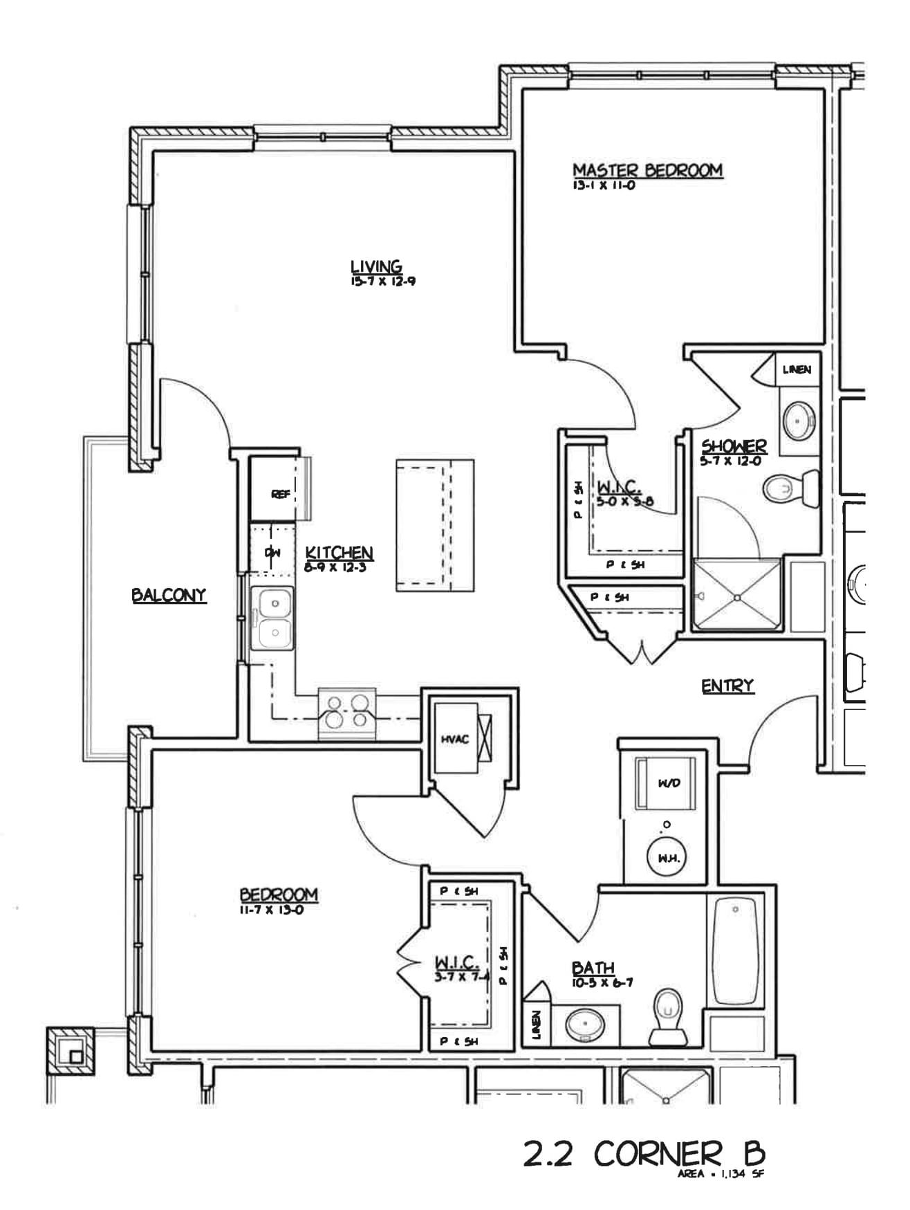 2 bed, 2 bath  Black-and-white house floor plan with labeled rooms, doors, and kitchen, living room, bedroom, and bath areas
