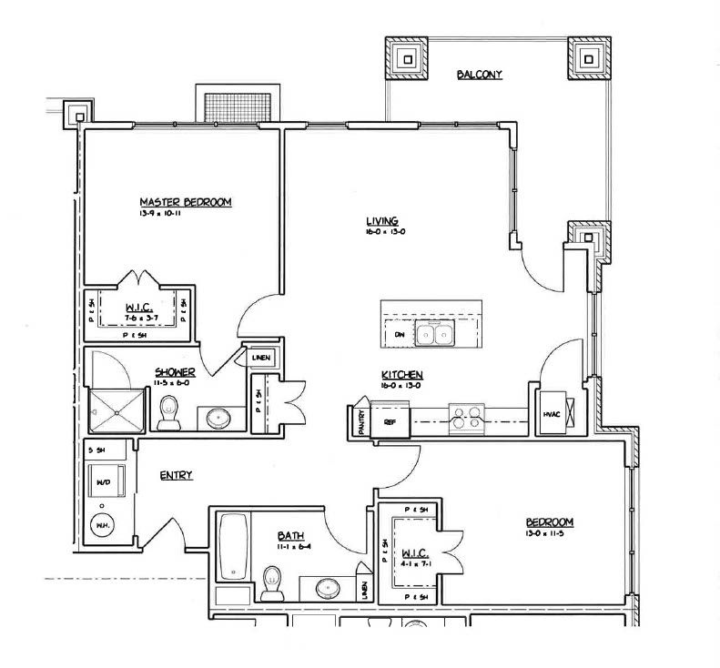 2 bed, 2 bath Black-and-white house floor plan with labeled rooms, including kitchen, living room, bedrooms, and bathrooms.