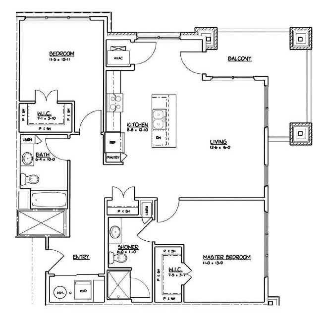 2 bed, 2 bath Black-and-white apartment floor plan with bedrooms, living room, kitchen, bath, entry, and balcony