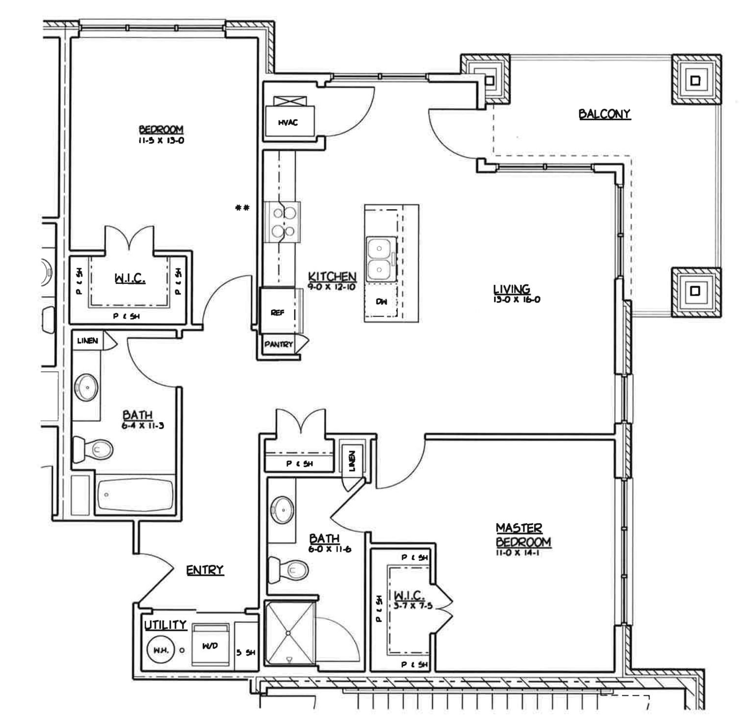 2 bed, 2 bath Black-and-white architectural floor plan showing rooms, hall, kitchen, dining, and living areas.