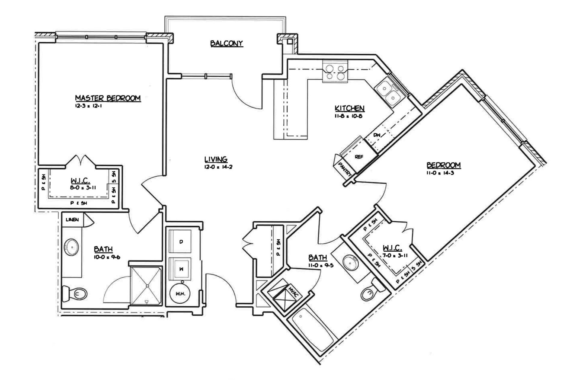 2 bed, 2 bath Black-and-white architectural floor plan with labeled rooms and measurements.