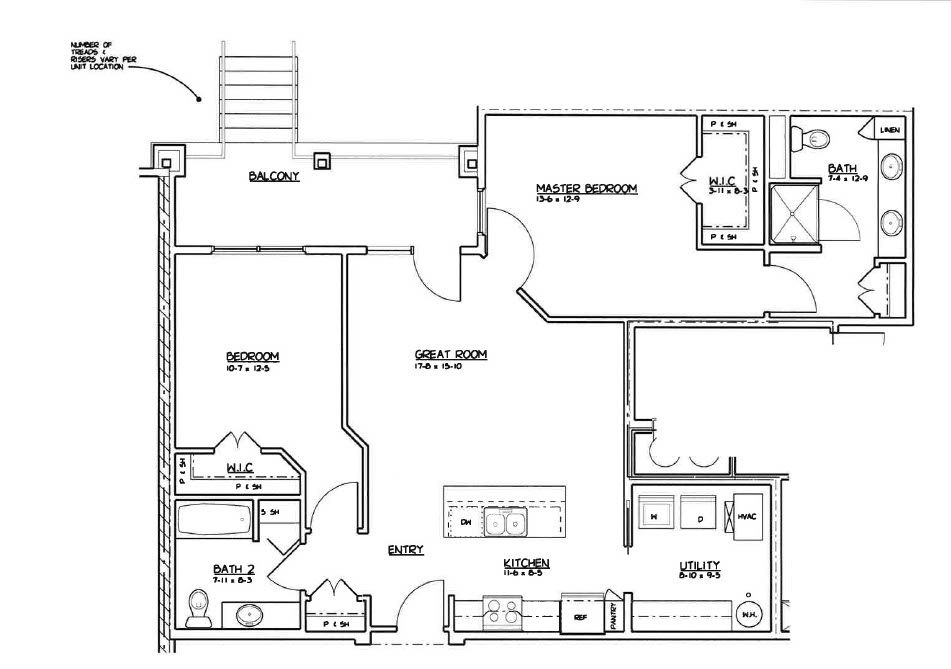 2 bed, 2 bath Black-and-white floor plan of a small house with kitchen, living room, bedrooms, bath, and deck.
