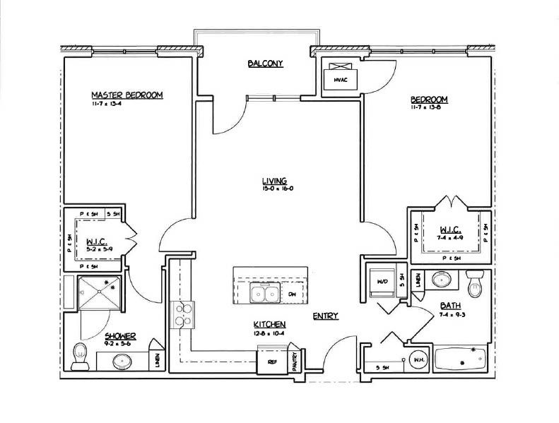 2 bed, 2 bath Black-and-white floor plan of a two-bedroom apartment with living room, kitchen, baths, and balcony.