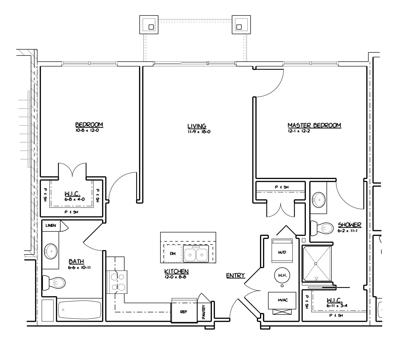2 bed, 2 bath Black-and-white architectural floor plan of a three-bedroom apartment with kitchen, baths, and living area