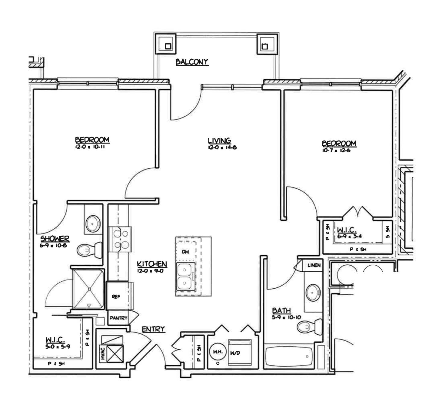 2 bed, 2 bath Black-and-white apartment floor plan with living room, kitchen, bedrooms, baths, and balcony.
