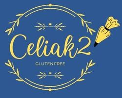 Logotipo azul de “Celiak2” con iconos de trigo y el texto “sin gluten”.