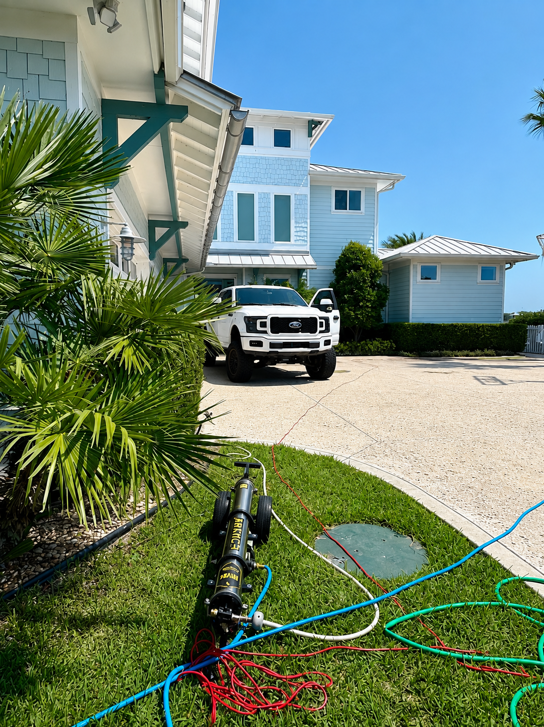 White house and parked SUV beside a driveway with hose and lawn tools in the foreground