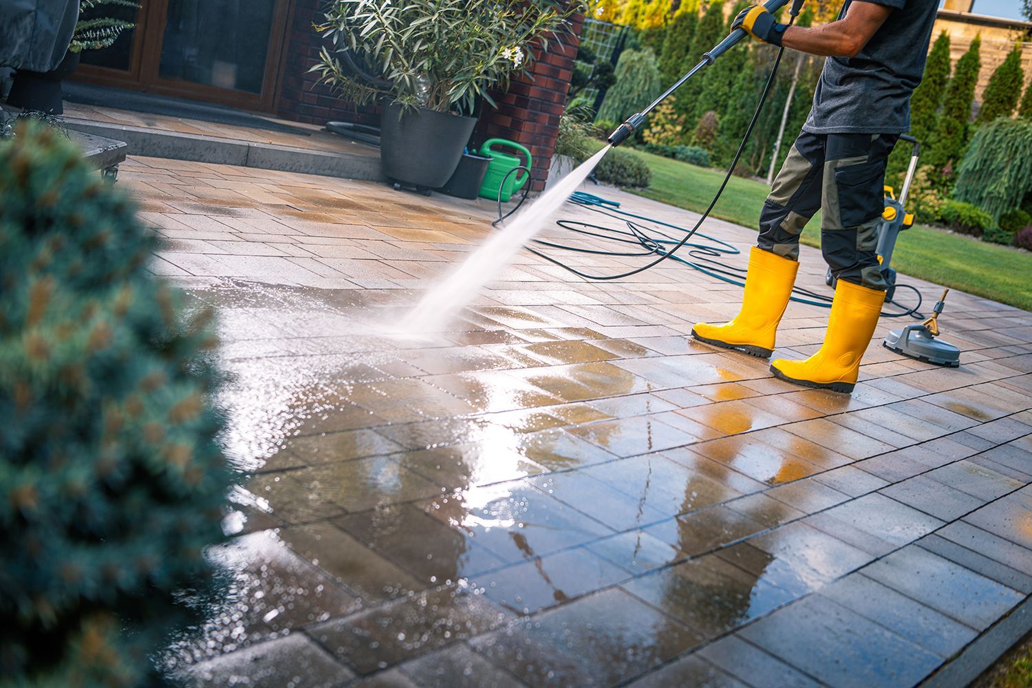 Person pressure-washing a patio in yellow rain boots, spraying water across wet stone pavers. Person pressure-washing a patio in yellow rain boots, spraying water across wet stone pavers.