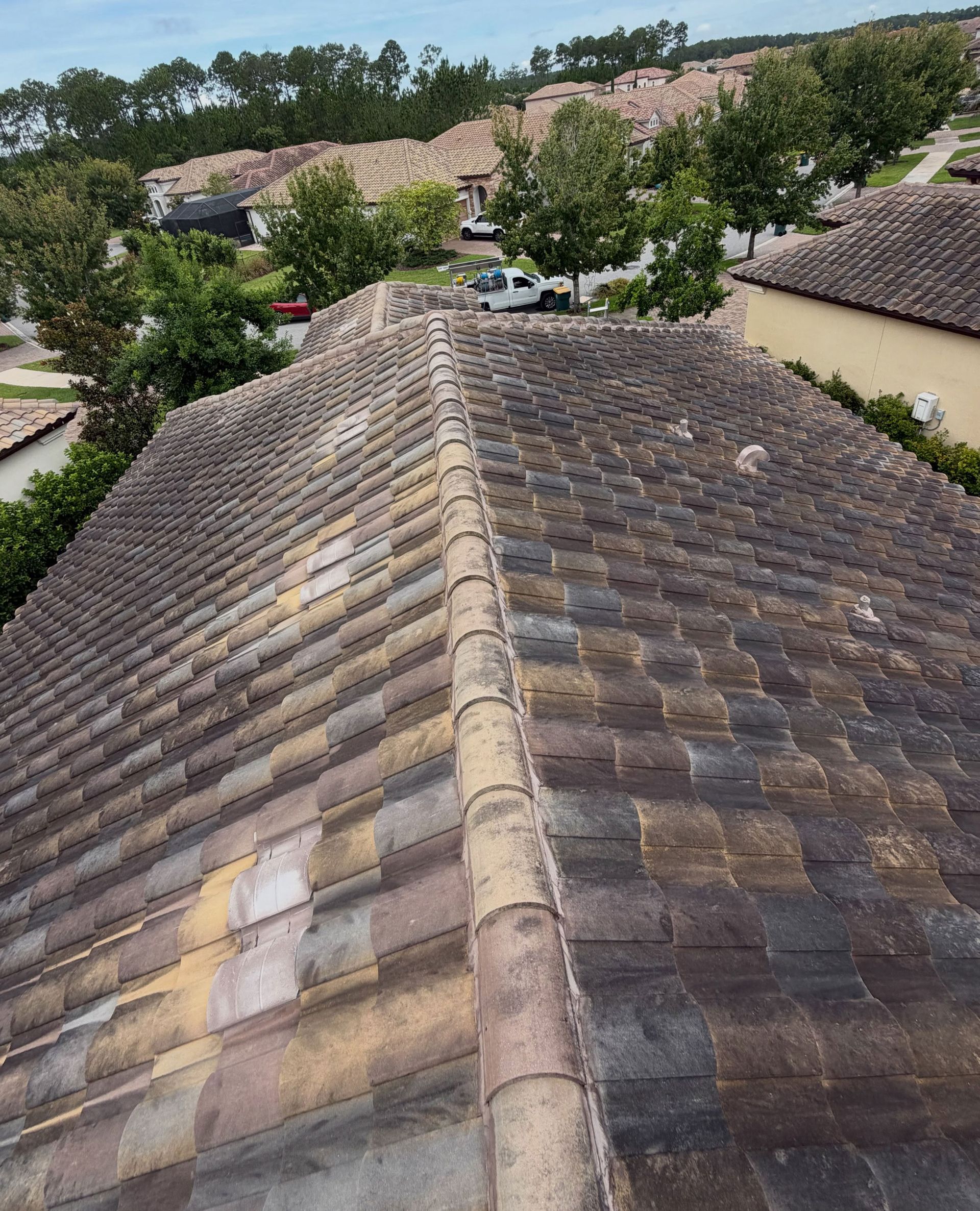 Rooftop view of a tiled roof leading to a neighborhood with trees and houses under a clear sky