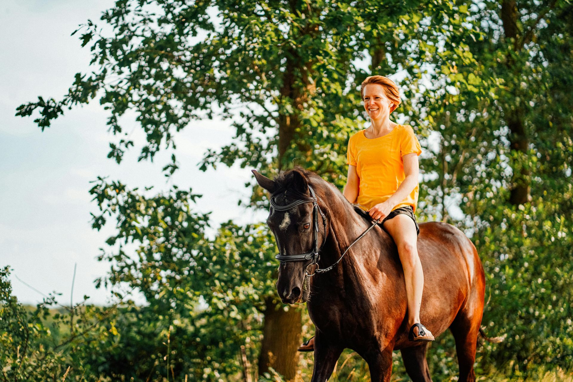 Woman on a brown horse smiling in a sunny field, wearing a yellow shirt.