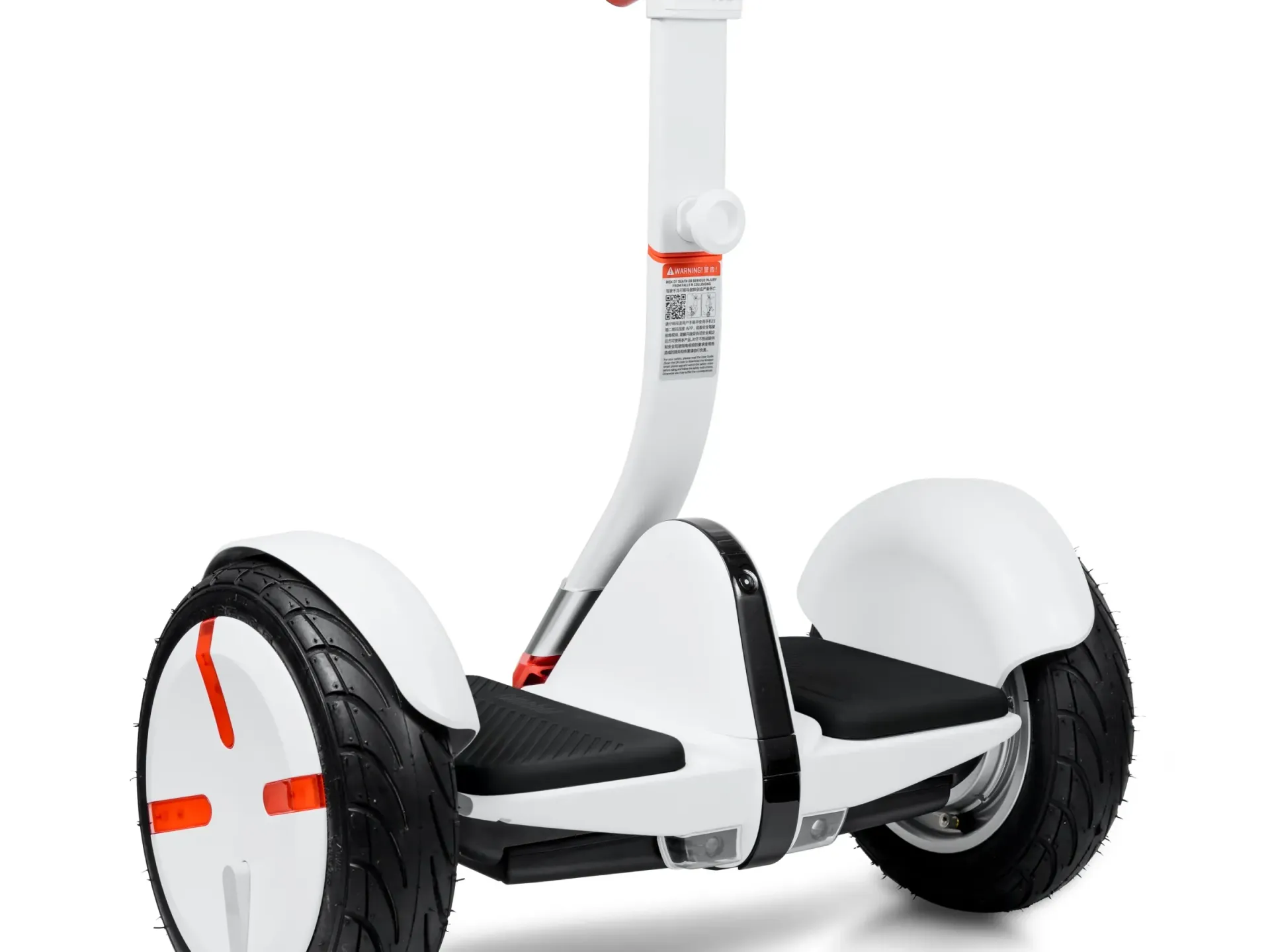White self-balancing electric scooter with black wheels and a central handlebar on a white background