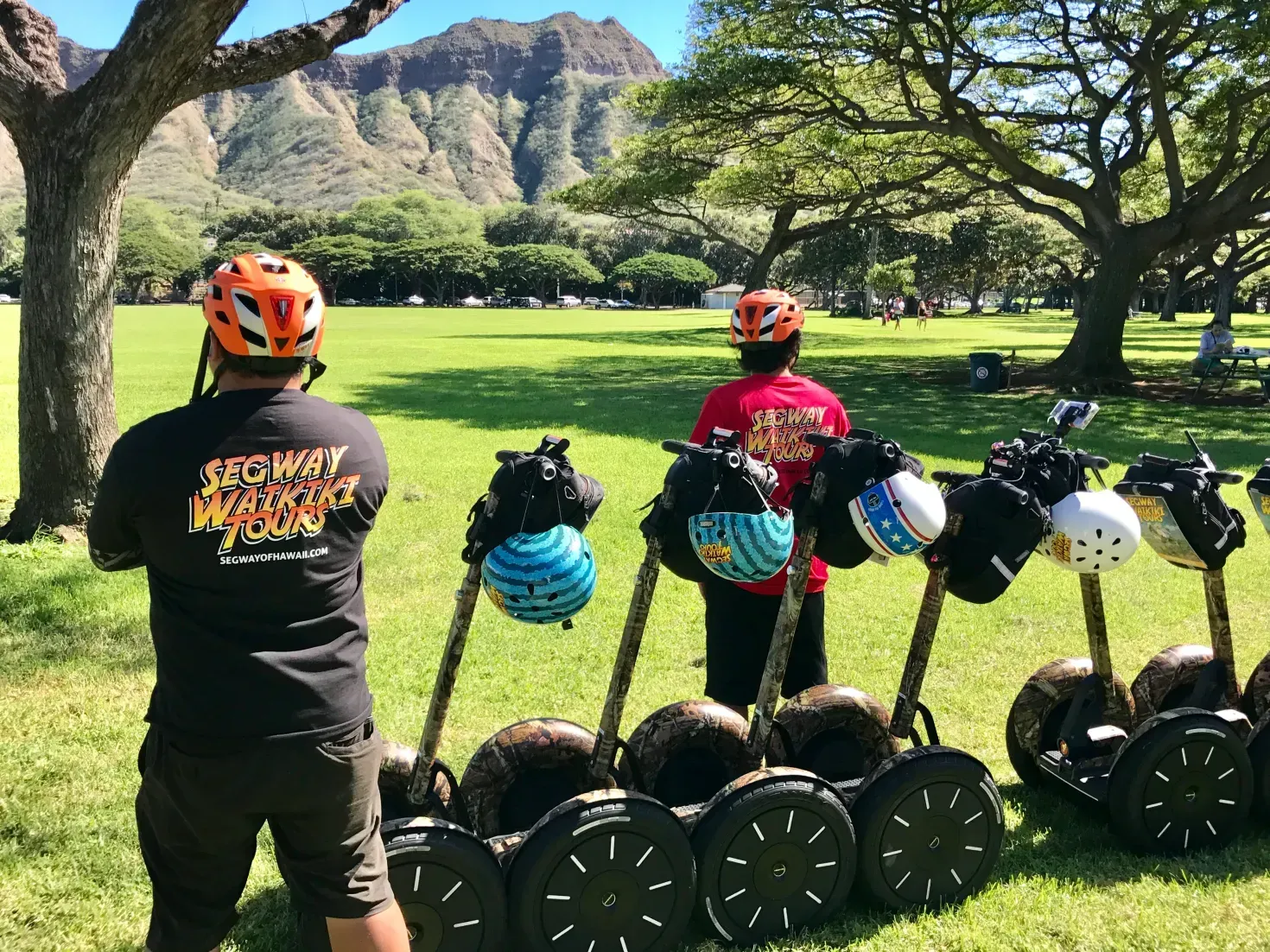 People on Segways with helmets in a grassy park, mountains and trees in the background.