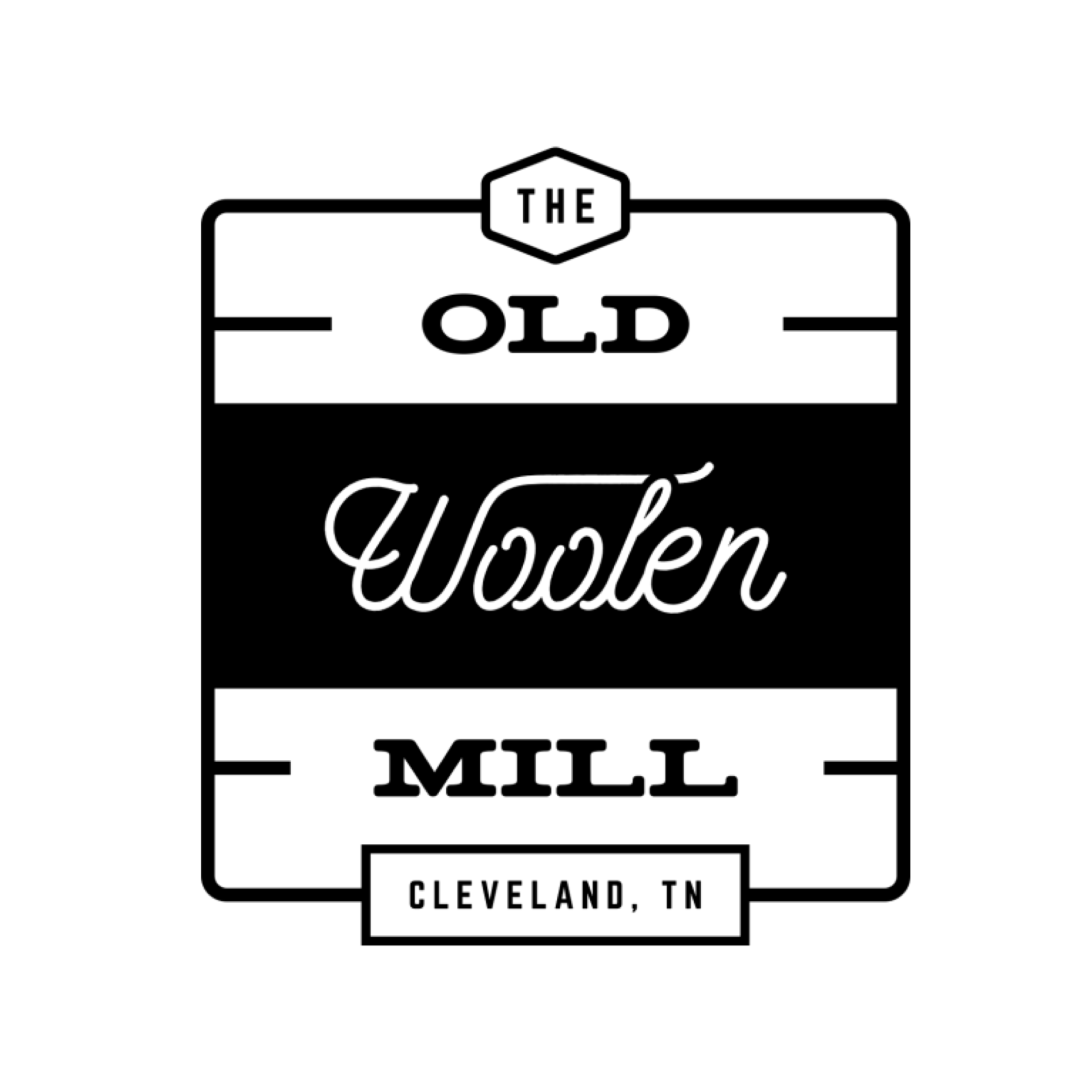 A black and white logo for the old woolen mill in cleveland , tn.