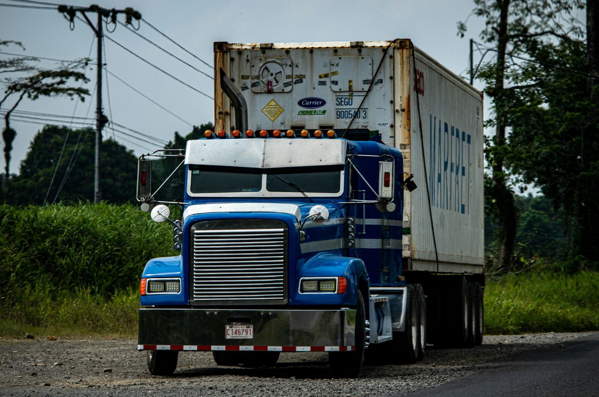 Blue semi-truck with a white container on a rural road.